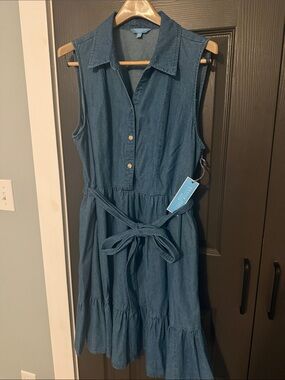 Sleeveless Denim Shirt Dress with Tie Waist - Blue